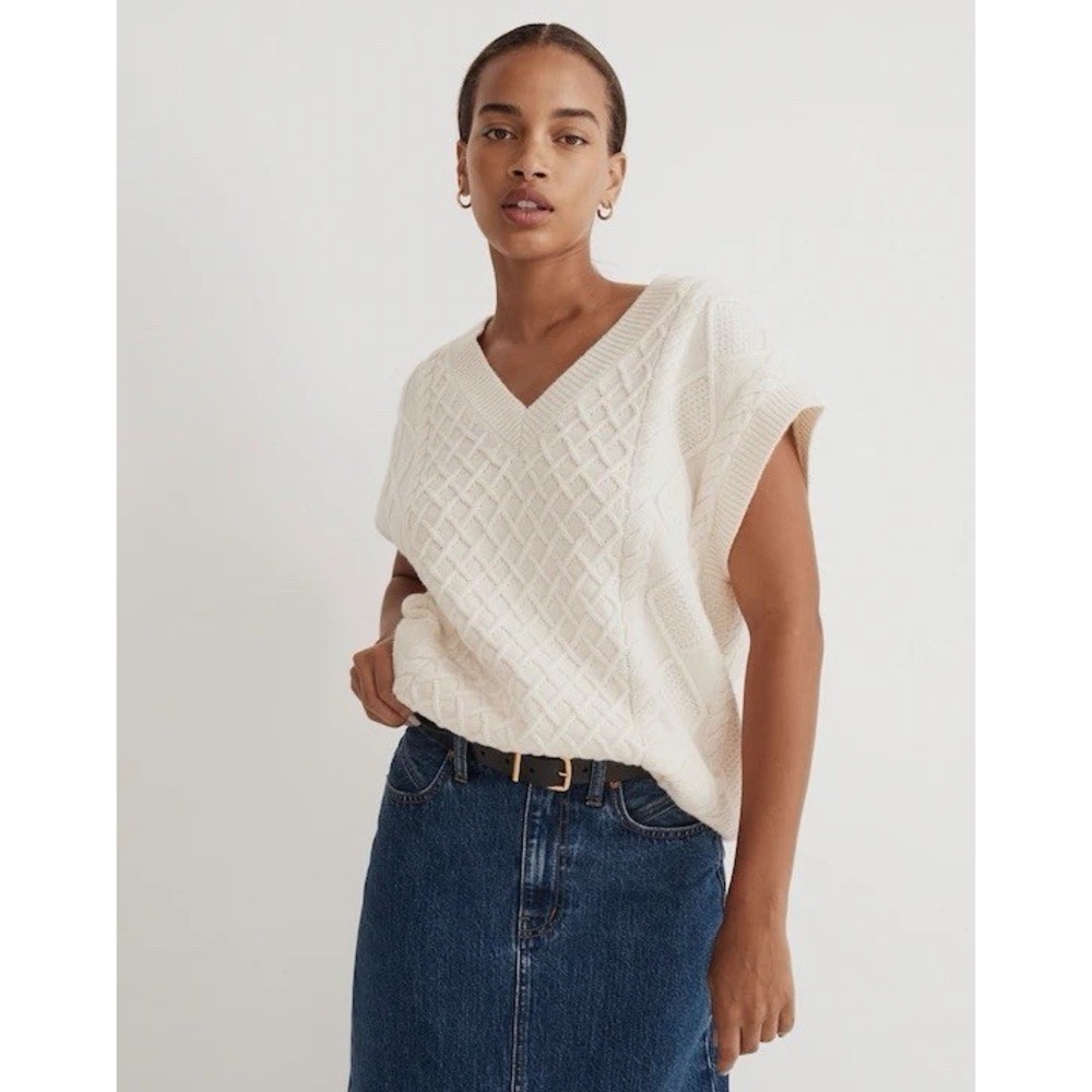 Madewell Size XXS Oversized Cable Knit V-Neck Sweater Vest Cream Wool Blend